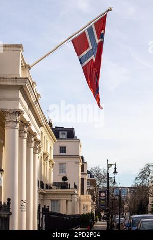 The Norwegian embassy stands proudly with its flag flying. Credit: Sinai Noor / Alamy Stock Photo Stock Photo