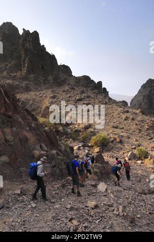 Trekkers in Wadi Barwas, Jabal Feid, Wadi Araba Desert, south-central Jordan, Middle East. Stock Photo