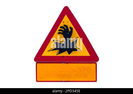 Worn out risk of drowning - thin ice warning sign photo. Isolated on white background Stock Photo