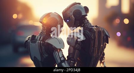 Two robots embrace in cityscape, expressing love and connection Stock Photo