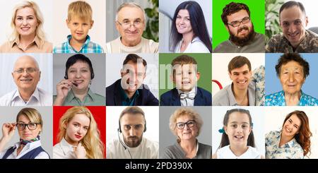 Hundreds of multiracial people crowd portraits headshots collection, collage mosaic. Many lot of multicultural different male and female smiling faces Stock Photo