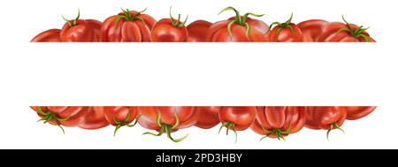 A border of red ripe tomatoes of different varieties. Digital illustration on a white background. For packaging design, postcards, prints, textiles. Stock Photo