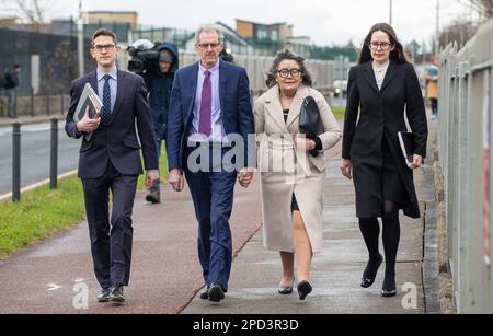 (left to right) The family of Simeon and Enoch Burke, brother Isaac, parents Sean and Martina and sister Ammi outside Cloverhill District Court, in Dublin, where Simeon was remanded in custody under Section 6 of the Public Order Act. Simeon, 24, from Cloonsunna, Castlebar, Co Mayo, was charged with threatening and abusive behaviour following disturbances at his brother Enoch's Court of Appeal hearing last week. Picture date: Tuesday March 14, 2023. Stock Photo