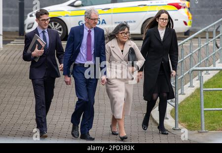 (left to right) The family of Simeon and Enoch Burke, brother Isaac, parents Sean and Martina and sister Ammi outside Cloverhill District Court, in Dublin, where Simeon was remanded in custody under Section 6 of the Public Order Act. Simeon, 24, from Cloonsunna, Castlebar, Co Mayo, was charged with threatening and abusive behaviour following disturbances at his brother Enoch's Court of Appeal hearing last week. Picture date: Tuesday March 14, 2023. Stock Photo
