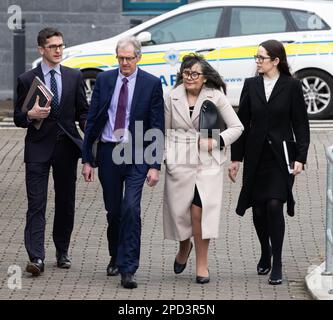 (left to right) The family of Simeon and Enoch Burke, brother Isaac, parents Sean and Martina and sister Ammi outside Cloverhill District Court, in Dublin, where Simeon was remanded in custody under Section 6 of the Public Order Act. Simeon, 24, from Cloonsunna, Castlebar, Co Mayo, was charged with threatening and abusive behaviour following disturbances at his brother Enoch's Court of Appeal hearing last week. Picture date: Tuesday March 14, 2023. Stock Photo