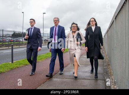 (left to right) The family of Simeon and Enoch Burke, brother Isaac, parents Sean and Martina and sister Ammi outside Cloverhill District Court, in Dublin, where Simeon was remanded in custody under Section 6 of the Public Order Act. Simeon, 24, from Cloonsunna, Castlebar, Co Mayo, was charged with threatening and abusive behaviour following disturbances at his brother Enoch's Court of Appeal hearing last week. Picture date: Tuesday March 14, 2023. Stock Photo