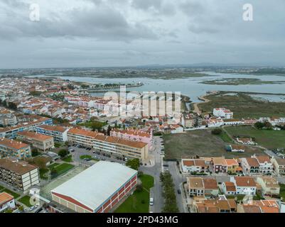 Montijo Cityscape in Portugal. Drone Point of View. River Tagus in Background Stock Photo