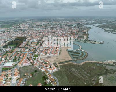 Montijo Cityscape in Portugal. Drone Point of View. River Tagus in Background Stock Photo