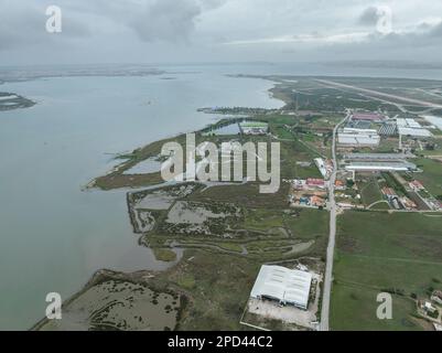 Montijo Cityscape in Portugal. Drone Point of View. River Tagus in Background Stock Photo