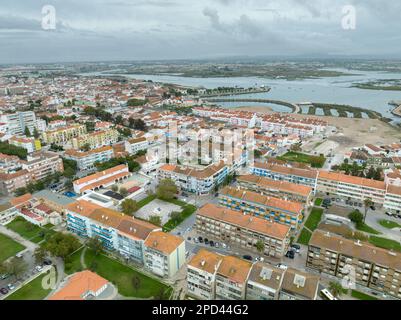 Montijo Cityscape in Portugal. Drone Point of View. River Tagus in Background Stock Photo