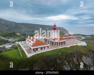 Cabo Da Roca Lighthouse. The Westernmost Point of Continental Europe. Drone Point of View Stock Photo