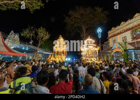 George Town, Penang, Malaysia - Jan 19 2022: Golden and silver chariot at Nattukkottai Chettiar Temple Stock Photo