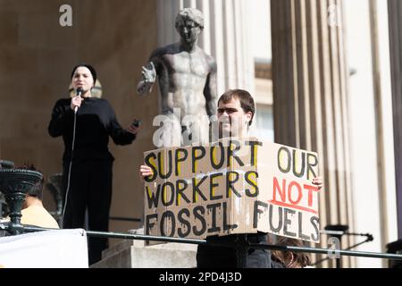 Fossil Free UCL demo - London, UK. 14 March, 2023. Students call for University College London (UCL) to divest from fossil fuels, in the midst of a cl Stock Photo