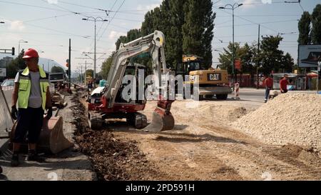 BOSNIA AND HERCEGOVINA, SARAJEVO, 28.9.2022; New railway construction site. Safety workplace with workers on construction Stock Photo