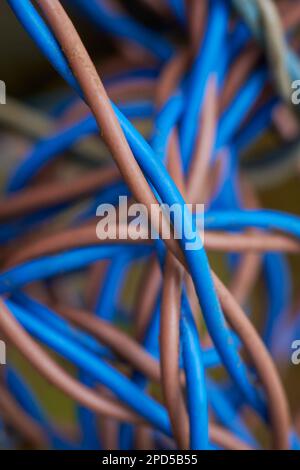 close-up of tangled electric wires or cables, blue and brown colored wiring cables, taken in selective focus with blurry background Stock Photo