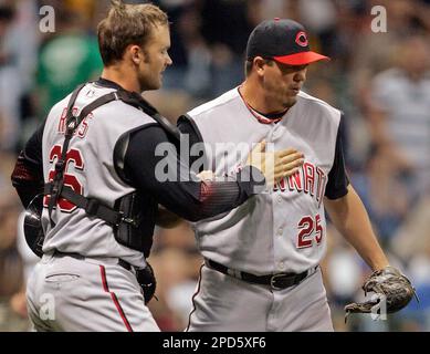 Los Angeles Dodgers' Paul Lo Duca, right, scores against Milwaukee Brewers'  Chad Moeller in the ninth inning to put his team on the score board Monday,  May 31, 2004, at Dodgers Stadium