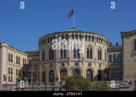 Norway, Oslo, The Storting building is the seat the parliament of Norway. The building is located at 22 Karl Johans gate in central Oslo, Norway. It w Stock Photo