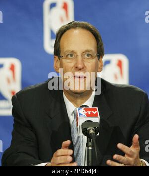 Russ Granik, deputy commissioner of the NBA, left, and Washington Wizards  owner Abe Pollin, right, announce during a news conference at the MCI  Center in Washington, Saturday, Dec. 4, 1999, that the