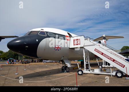 A Hawker Siddeley HS 121 Trident 2E airliner in British European Airways colours on static display at Imperial War Museum Duxford, Cambridgeshire, UK. Stock Photo