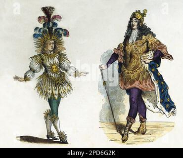 Portraits du roi Louis XIV ( 1638-1715), en costume de theatre et au carrousel. Gravure en couleurs, in "la France et les francais a travers les siecles" par Augustin Challamel,Paris 1882. Stock Photo