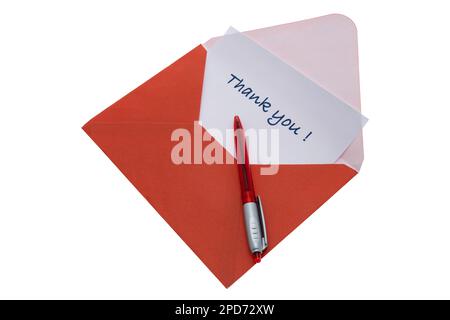 A Thank you note in an envelope - white background Stock Photo