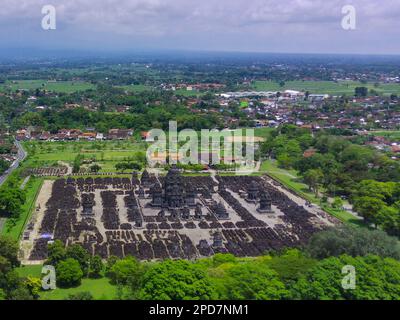 January 15, 2023, Central Java. Indonesia. Aerial Shot of Candi Prambanan or Prambanan Temple. Stock Photo