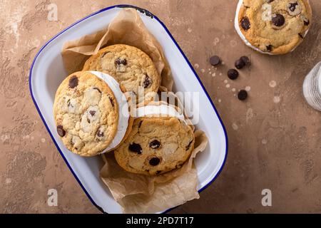 Ice cream sandwiches with vanilla ice cream and chocolate chip cookies, homemade sweet treat Stock Photo