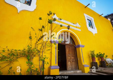 Amazing colorful buildings in pueblo magico Batopilas in Barrancas del Cobre mountains, Mexico Stock Photo