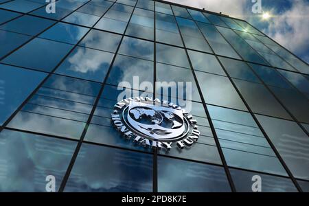 Washington, D.C., USA, March 10, 2023: International Monetary Fund headquarters glass building concept. IMF United Nations financial agency symbol on Stock Photo