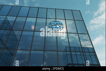 Washington, D.C., USA, March 10, 2023: International Monetary Fund headquarters glass building concept. IMF United Nations financial agency symbol on Stock Photo