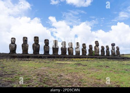 15 moai statues facing inland at Ahu Tongariki in Rapa Nui National Park on Easter Island (Rapa Nui), Chile. Stock Photo