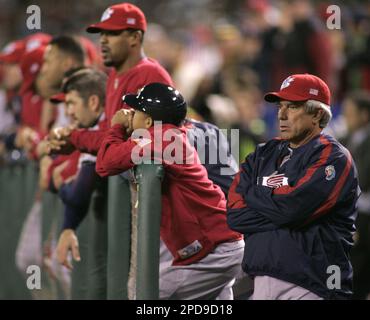 Team USA manager Buck Martinez arrives to pull USA starting