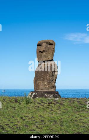 The moai on the Ahu Akapu is shown at Hanga Kio’e, along the coastline, north of Hanga Roa in Easter Island (Rapa Nui), Chile. Stock Photo