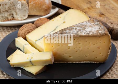 Cheese collection, French cheeses Morbier semi-soft cow milk cheese with black mold layer and Tomme de Savoie with grey rind close up Stock Photo