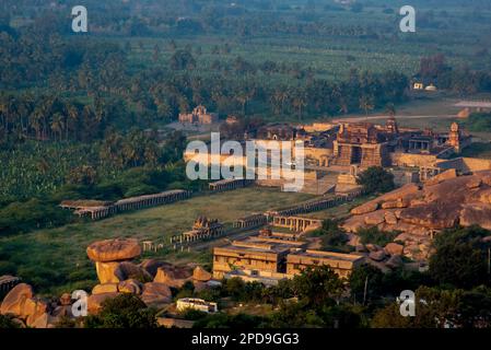 View of Hampi ruins at sunrise from Matanga hill. Hampi, the capital of Vijayanagara Empire, is a UNESCO World Heritage site. Stock Photo