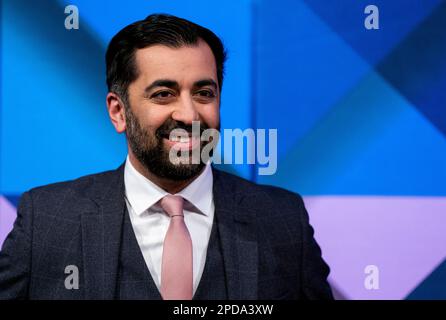 SNP leadership candidate Humza Yousaf takes part in an SNP leadership debate, at Mansfield Traquair in Edinburgh. Picture date: Tuesday March 14, 2023. Stock Photo
