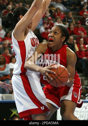 UNLV forward Sherry McCracklin, right, goes up for a shot as Utah guard  Joh-Teena Felipe comes in to cover in the second half of Utah's 61-45  victory in the teams' semifinal contest in the Mountain West Conference  tournament in Denver on Friday, March