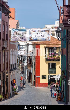 Street scene, Calle Anselmo Pérez de Brito, Santa Cruz de La Palma, La Palma, Canary Islands, Kingdom of Spain Stock Photo