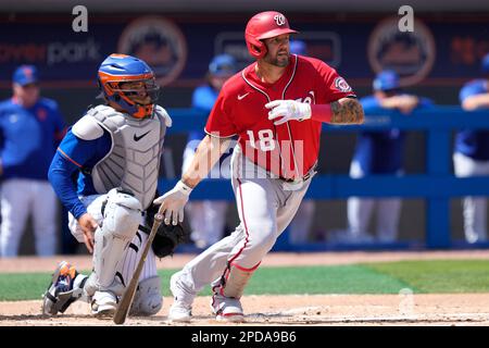 Washington Nationals' Matt Adams, right, celebrates his three-run home run  as Arizona Diamondbacks catcher Caleb Joseph, center, and umpire home plate  Sean Barber (29) look on during the third inning of a