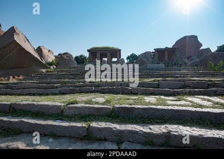 Flight of steps leading to the top of Matanga hill in Hampi. Hampi, the capital of Vijayanagara Empire, is a UNESCO World Heritage site. Stock Photo