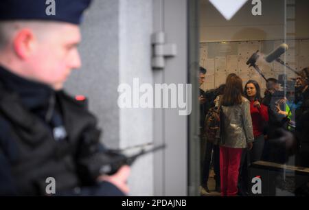 Reporters speak with Justyna Wydrzynska after she received her verdict at the Warsaw-Praga District Court on 14 March, 2023. Wydrzynska is being accused of aiding an abortion by helping to provide access to pills to a woman seeking to terminate her pregnancy. Wydrzynska faces up to three years in prison if convicted. Poland has some of the world's strictest abortion laws. Abortions are illegal in almost all but the most severe cases such as risk of death to the mother. In practice however the law has resulted in much confusion with doctors refusing to abort even in cases where the mother's lif Stock Photo