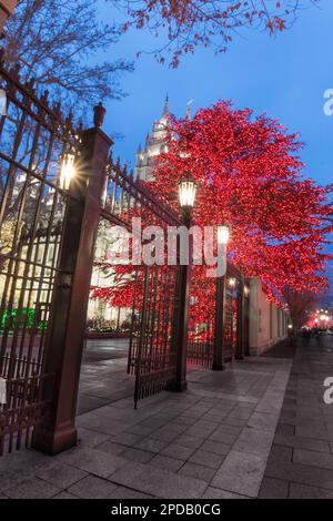 Mormon Salt Lake Temple Square at Christmas with Lights Stock Photo