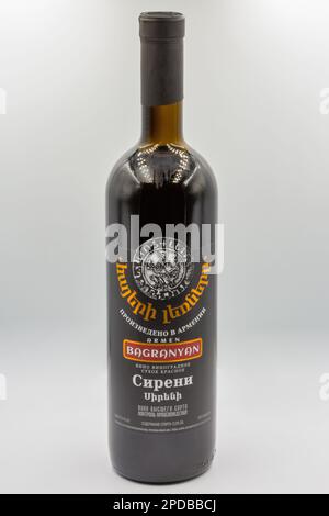 Kyiv, Ukraine - October 31, 2021: Studio shoot of Armenian Bagranyan Sireni red dry wine bottle closeup against white background. Stock Photo