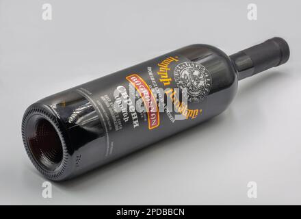 Kyiv, Ukraine - October 31, 2021: Studio shoot of Armenian Bagranyan Sireni red dry wine bottle closeup against white background. Stock Photo