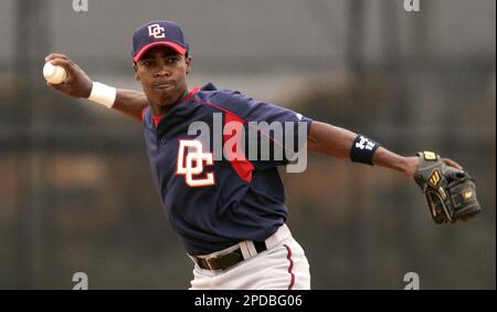 Newly acquired Washington Nationals' Alfonso Soriano throws a