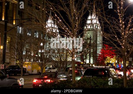 Mormon Salt Lake Temple Square at Christmas with Lights Stock Photo