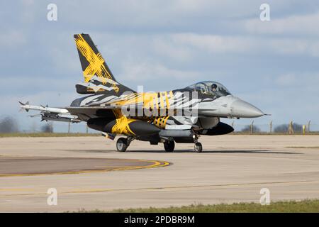 The Belgian Air Force X-Tiger F-16AM Fighting Falcon taxiing at RAF Waddington during the Cobra Warrior 2023 Exercise. Stock Photo