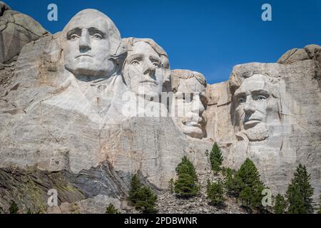 The busts of Presidents George Washington, Thomas Jefferson, Teddy Theodore Roosevelt, and Abraham Lincoln carved Borglum into the Black Hills of Sout Stock Photo