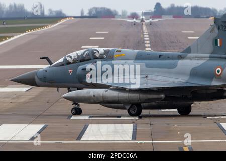 Indian Air Force Mirage 2000TI taxiing at RAF Waddington, ready to go on a sortie during the Cobra Warrior 2023 Exercise. Stock Photo