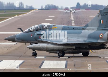 Indian Air Force Mirage 2000TI taxiing at RAF Waddington, ready to go on a sortie during the Cobra Warrior 2023 Exercise. Stock Photo